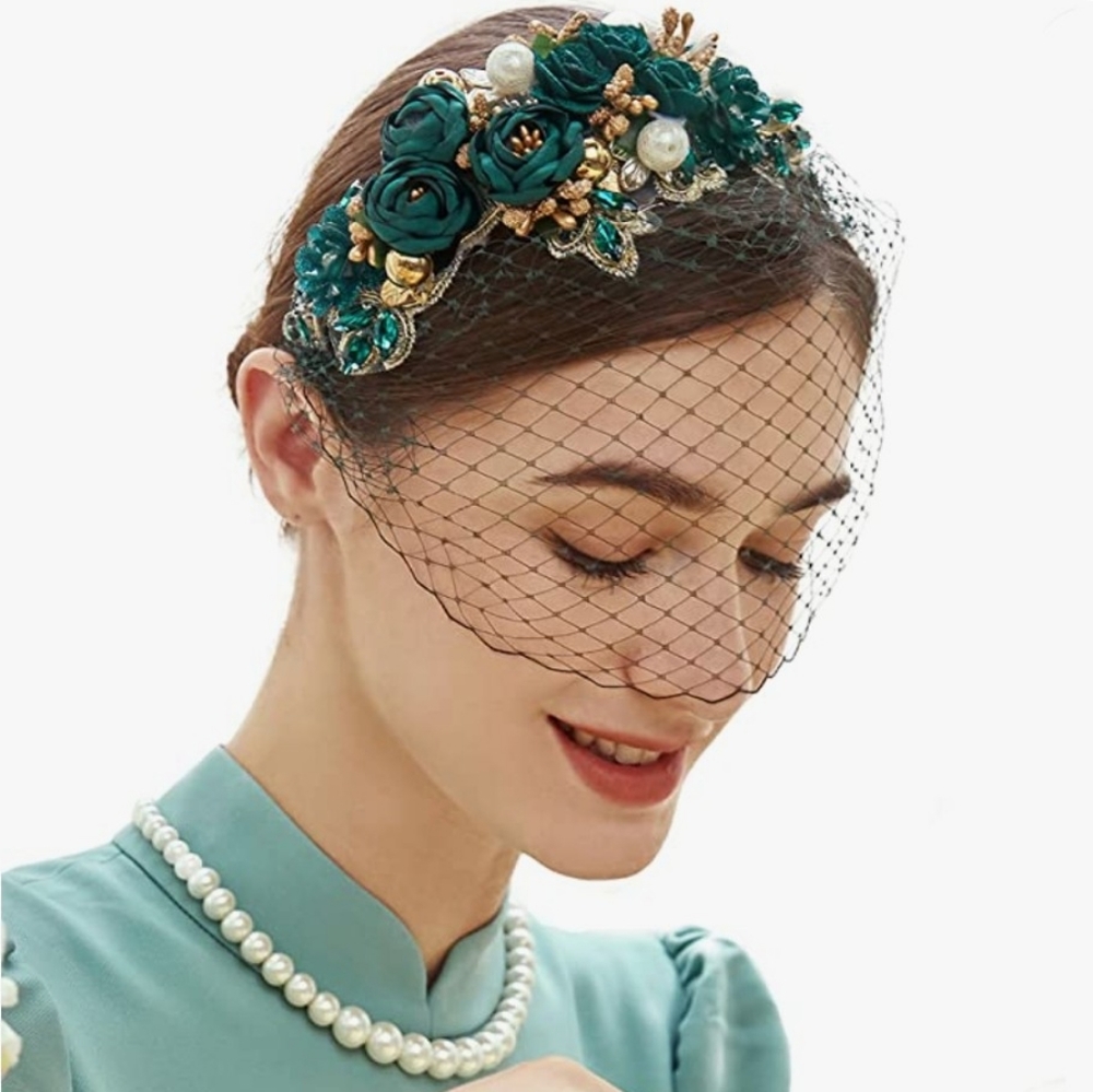 Emerald 1920s Fascinator Mesh Veil Headband Bridal Wedding Tea Party Fascinator